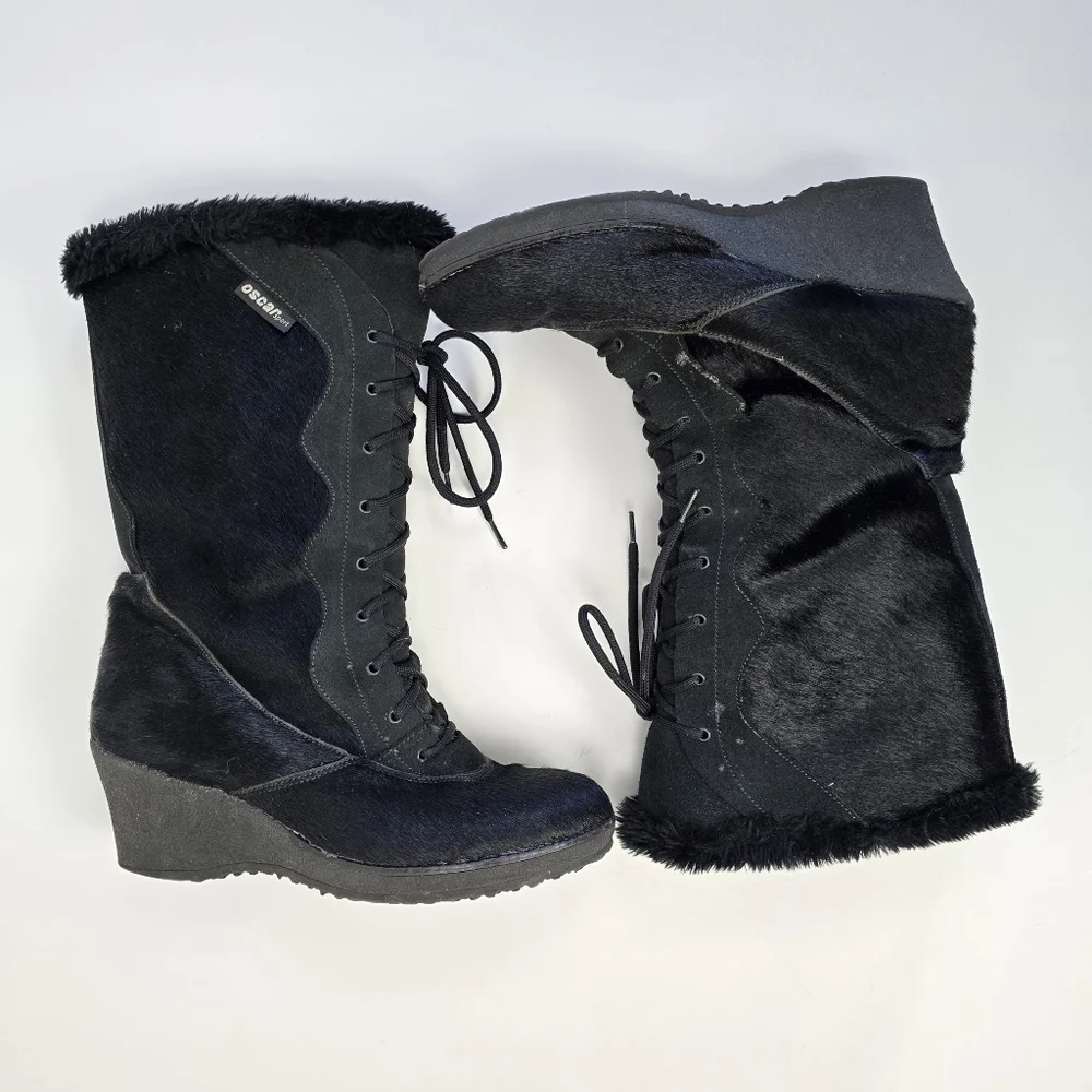 Oscar Sport Apres Ski Black Fur Tall Lace Up Winter Boots Size 41